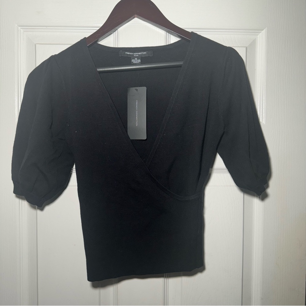 NWT • French Connection • Wrap Sweater • Puff Sleeves • Black • XS • 100% Cotton